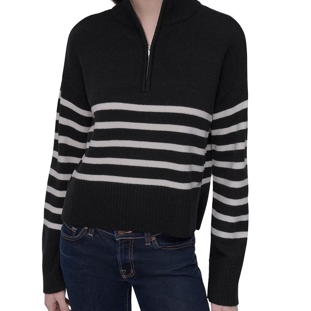 DKNY Womens XL Black White Striped Quarter‎ Zip Mock Neck Sweater NWT